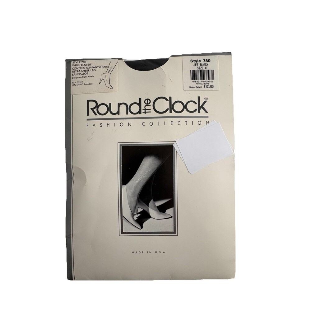 Vtg Round the Clock Pantyhose Size C Floral Ankle Black Control Top Style 780